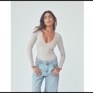 DEEP V LONG SLEEVE BRAMISUIT IN STONE